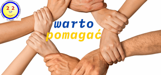 Grafika przedstawiająca splecione w krąg dłonie osób trzymających się nawzajem za nadgarstki, symbolizujące współpracę i solidarność. Na środku widnieje hasło ‘warto pomagać’ napisane w niebiesko-żółtych literach. W lewym górnym rogu znajduje się logo Szkoły Podstawowej z Oddziałami Integracyjnymi nr 22 w Płocku.