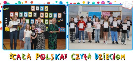 Grafika, a na niej dwa zdjęcia grupowe dzieci oraz kolorowy napis Cała Polska Czyta Dzieciom