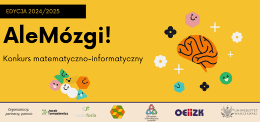 Na grafice widoczne jest jednolite, intensywnie pomarańczowe tło. Centralnie, dużymi literami, umieszczono biały napis: „Konkurs ALE MÓZGI”. Czcionka jest pogrubiona, bezszeryfowa, o nowoczesnym wyglądzie. Wokół napisu rozmieszczono kilka ikon przedstawiających uproszczone sylwetki mózgu – są to białe kontury mózgu widzianego z góry, w stylu graficznym, powtarzające się symetrycznie lub losowo na tle. Na dole grafiki, mniejszą czcionką, znajduje się tekst informujący o organizatorach konkursu