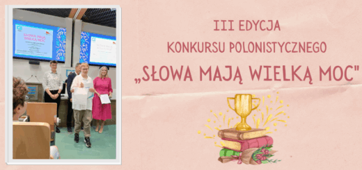 Grafika z napisem III edycja konkursu "Słowa mają wielką moc" - po lewej zdjęcie Igora odbierającego nagrodę, po prawej napis oraz grafika pucharu na książkach. Tło pomarańczowe.