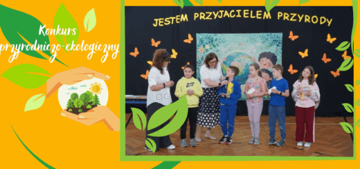 Pięcioro Trzecioklasistów prezentuje rozwiązania wylosowanych wcześniej zagadek przyrodniczych. Razem z dwiema Nauczycielkami stoją na tle okolicznościowej dekoracji.