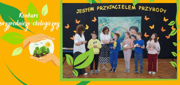 Pięcioro Trzecioklasistów prezentuje rozwiązania wylosowanych wcześniej zagadek przyrodniczych. Razem z dwiema Nauczycielkami stoją na tle okolicznościowej dekoracji.