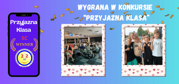 Uczniowie klasy 5 c stojący na kręgielni oraz przed pizzerią.