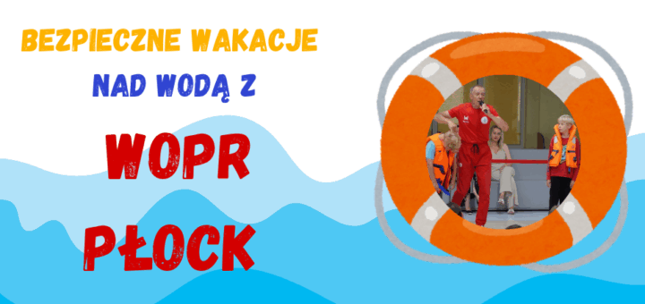 Koło ratunkowe na tle wody, a w nim zdjęcie, na którym ratownik WOPR prezentuje różnice między kamizelką asekuracyjną, a kamizelką ratunkową.