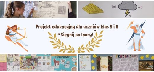 Grafika przedstawiająca napis Sięgnij po laury wokół zdjęcia z rebusami oraz grafiki mitów greckich