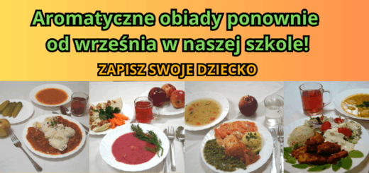 Plakat z informacją o zapisie uczniów na obiady szkolne.