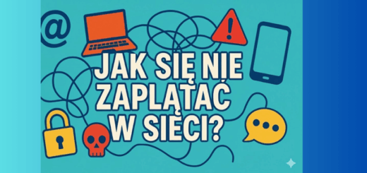 Na niebieskim tle z grafikami laptopa, komórki, czaszki, kłódki i zaplątanych sieci napis "Jak się nie zaplątać w sieci?"