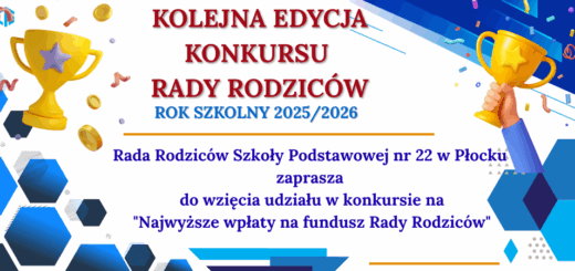 Na tle niebiesko - błękitnych kwadratów żółte puchary oraz napis Kolejna edycja konkursu Rady Rodziców na najwyższe wpłaty.