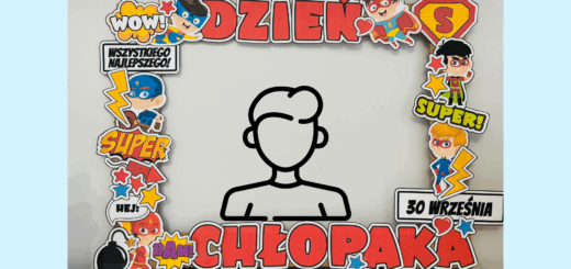 Kolorowa ramka z napisem dzień chłopaka oraz sylwetką mężczyzny w środku. Błękitne tło.