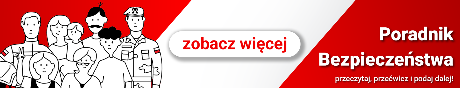 Na biało- czerwonym tle grupa oraz napis Poradni bezpieczeństwa.