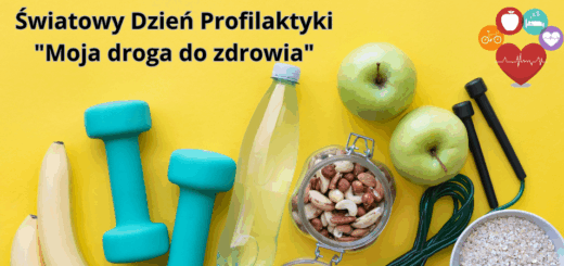 Na żółtym tle banan, hantle, woda, bakalie, jabłko i napis "Światowy Dzień Profilaktyki - Moja droga do zdrowia".