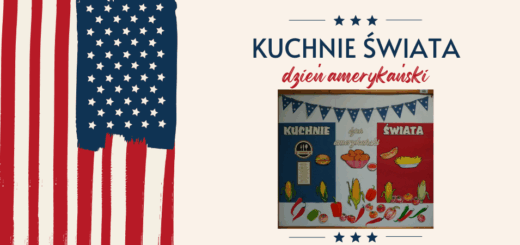 Flaga USA. Na jasnym tle napis "Kuchnie świata - dzień amerykański".