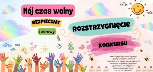 Kolorowa grafika z napisem rozstrzygnięcie konkursu Mój czas wolny. W tle kolorowe dłonie, słońce i tęczowe chmury.