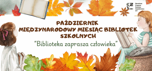 Grafika z napisem październik - miesiąc bibliotek szkolnych w jesiennej ramce z liści