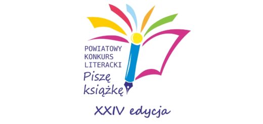 Ilustracja otwartej książki oraz długopis w tle napis Powiatowy Konkurs Literacki Piszę książkę. Edycja XXIV
