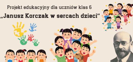 Grafika przedstawiająca kolorowe dzieci w różnych układach oraz Janusza Korczaka na beżowym tle. Na górze napis - projekt edukacyjny "Janusz Korczak w sercach dzieci".