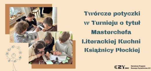 Grafika: beżowe tło, po lewej stronie 2 zdęcia dzieci z konkursu, po prawej napis Mastercher Literackiej Kuchni - potyczki uczniów.