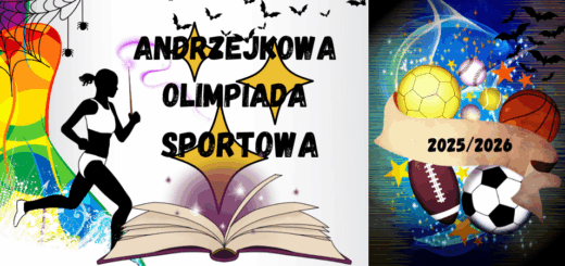 Z lewej strony, na białym tle biegaczka z różdżką w ręku. Na środku znajduje się napis "Andrzejkowa Olimpiada Sportowa". Na jego tle widać gwiazdy, a u dołu otwartą księgę zaklęć. Po prawej stronie, na czarnym tle z kolorowymi plamami widoczne są piłki sportowe i napis "2025/2026".