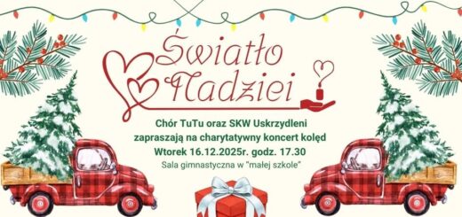 Na środku napis "Światło Nadziei" oraz informacje, iż odbędzie się on 16.12.2025r. o godzinie 17:00 w szkole. Po bokach czerwone samochody z choinkami.