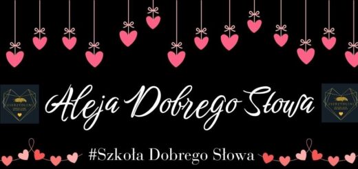 Napis Akcja dobrego słowa na czarnym tle. Na tle różowe serduszka