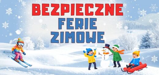 Napis bezpieczne ferie zimowe. w tle dzieci bawiące się na śniegu, jedno dziecko na nartach