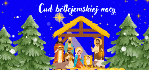 Rysunek szkopki bożonarodzeniowej na błękitnym tle z napisem Cud betlejemskiej nocy