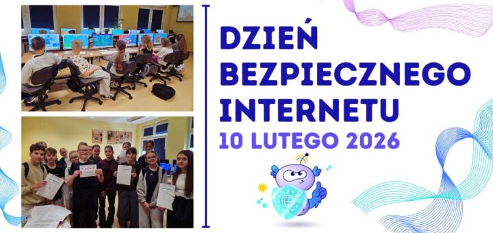 Grupa uczniów uczestniczy w wydarzeniu z okazji Dnia Bezpiecznego Internetu, które odbyło się 10 lutego 2026 roku, podczas którego organizowane są zajęcia edukacyjne i rozdawanie certyfikatów.