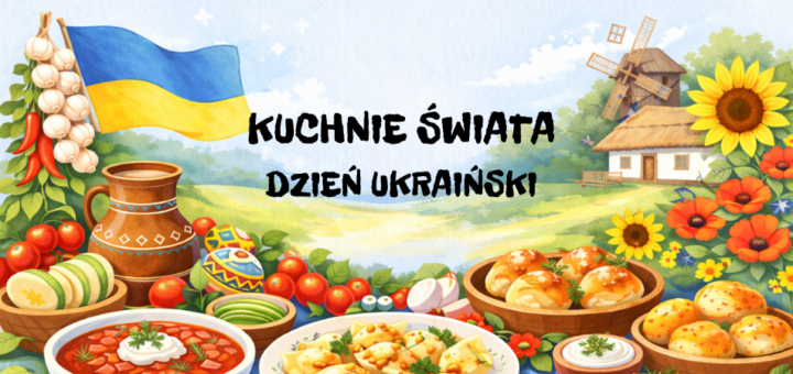 Grafika zatytułowana Kuchnie świata – kuchnia ukraińska. Na tablicy znajdują się liczne grafiki tradycyjnych potraw kuchni ukraińskiej, m.in. pierogów, zup i dań mącznych, ułożone na tle wsi.