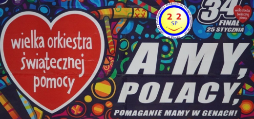 Zdjęcie przedstawia kolorowy plakat Wielkiej Orkiestry Świątecznej Pomocy. Znajdują się na nim orkiestrowe serce i napisy: 34 Finał WOŚP 25 stycznia 2026, A my Polacy, pomaganie mamy w genach!, Choroby układu pokarmowego u dzieci.