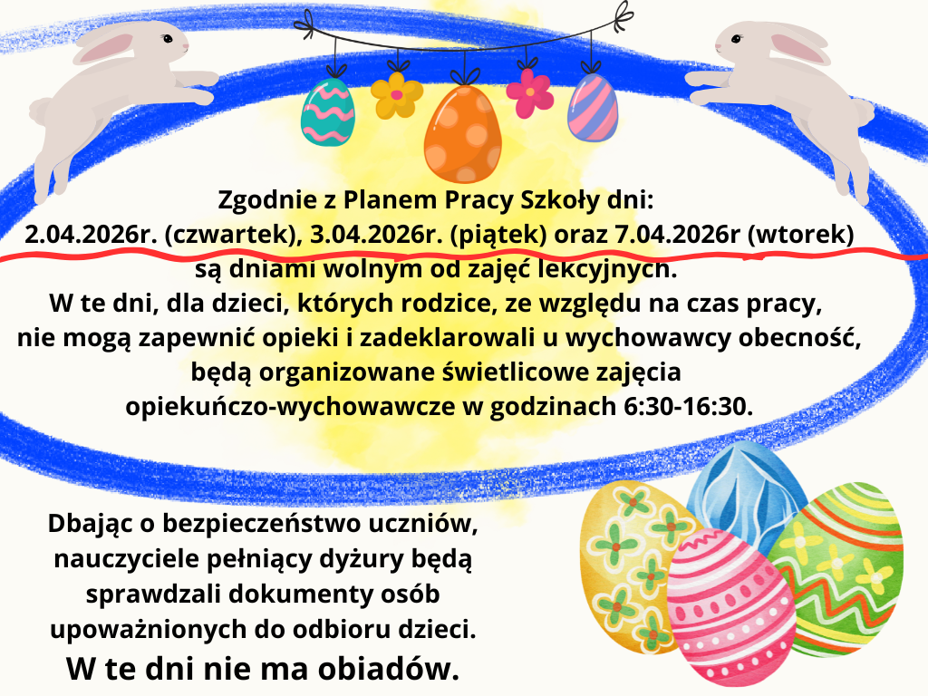 Na białym tle, w niebieskiej pętli, informacje na temat wiosennej przerwy świątecznej. Wokół widoczne są obrazki wielkanocne: pisanki, króliki i girlanda.