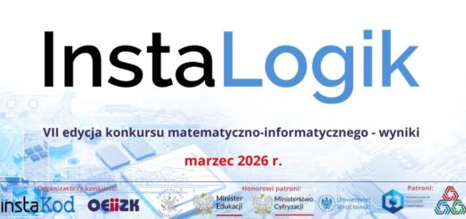 Napis: konkurs Instalogik – wyniki VII edycji konkursu matematyczno-informatycznego na niebieskim tle. Na dole baneru znajdują się loga organizatorów oraz patronów konkursu.