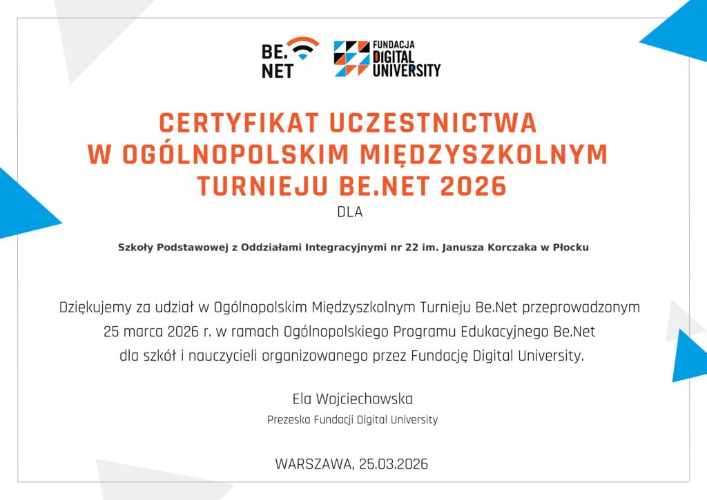 Certyfikat za udział - pomarańczowy napis na biało-niebieskim tle. 