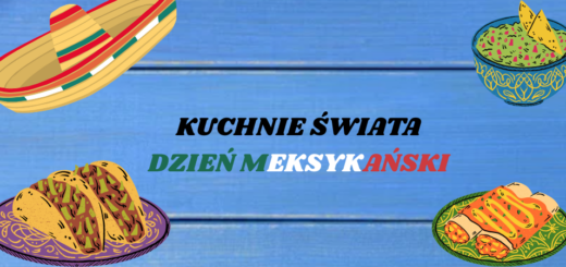 Na zdjęciu znajduje się kolorowa tablica zatytułowana „Kuchnie Świata – kuchnia meksykańska”. Widoczne są zdjęcia i opisy potraw, takich jak tacos, burritos, quesadilla czy nachos. Tablicę ozdabiają ilustracje papryczek chili, kukurydzy oraz innych warzyw. Utrzymana jest ona w żywych kolorach nawiązujących do flagi Meksyku.