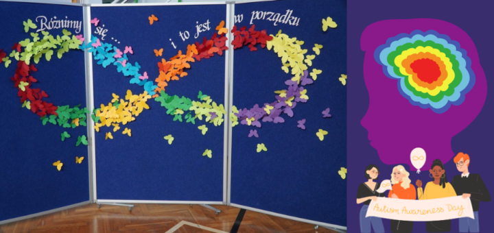 Niebieska tablica dekoracyjna ozdobiona kolorowymi papierowymi motylami tworzącymi tęczowe wzory. Na górze widnieje napis: „Różnimy się… i to jest w porządku”.