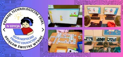 Kolorowa grafika przedstawiająca logo projektu technologicznego oraz zdjęcia dzieci bawiących się programowaniem i układankami.