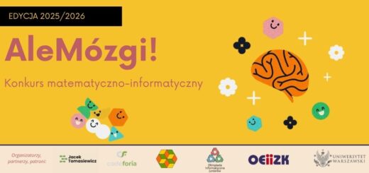 Ilustracja z żółtym tłem przedstawiająca uśmiechnięte kolorowe kształty wokół pomarańczowego rysunku mózgu oraz napisy o konkursie matematyczno‑informatycznym AleMózgi.