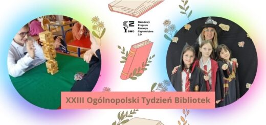 Kolorowa grafika z napisem Tydzień Bibliotek, książką oraz zdjęciami uczniów przebranych za Harrego Pottera