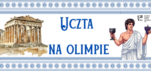 Niebieski napis Uczta na olimpie. Po prawej stronie rysnek greckiego boga, a po lewej akropol. Ramka z dołu i góry z greckim motywem niebieskich wazonów.