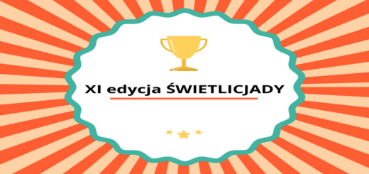 Na białym tle w kształcie elipsy widnieje złoty puchar i napis XI EDYCJA ŚWIETLICJADY. Wokół rozchodzą się, niczym słoneczne promienie, pomarańczowe paski.