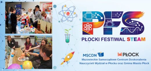 Grafika z kolorowym logo Płockiego Festiwalu STEAM oraz zdjęciami dzieci i młodzieży wykonujących doświadczenia i projekty naukowe. Niebieskie tło z delikatnymi liniami i kropkami ułożonymi w geometryczny wzór.