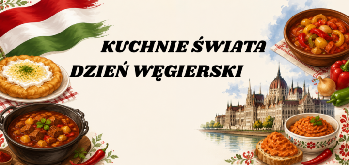 Na grafice znajduje się napis „KUCHNIE ŚWIATA – DZIEŃ WĘGIERSKI”. Po lewej stronie widoczna jest flaga Węgier oraz ilustracje tradycyjnych potraw, m.in. gulaszu i langosza. Po prawej stronie umieszczono budynek parlamentu w Budapeszcie oraz kolejne dania kuchni węgierskiej, otoczone warzywami i papryczkami chili. Całość utrzymana jest w ciepłej stylistyce.