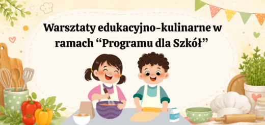 Grafika przedstawiająca dwoje dzieci podczas gotowania, z dużym napisem: „Warsztaty edukacyjno-kulinarne w ramach „Programu dla Szkół”.