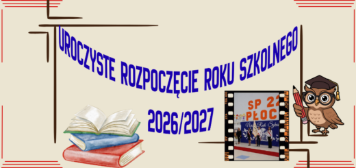Na beżowym tle znajduje się granatowy napis: "Uroczyste rozpoczęcie roku szkolnego 2026/2027". Pod napisem znajduje się grafika książek, sowy i zdjęcie szkolnej dekoracji.