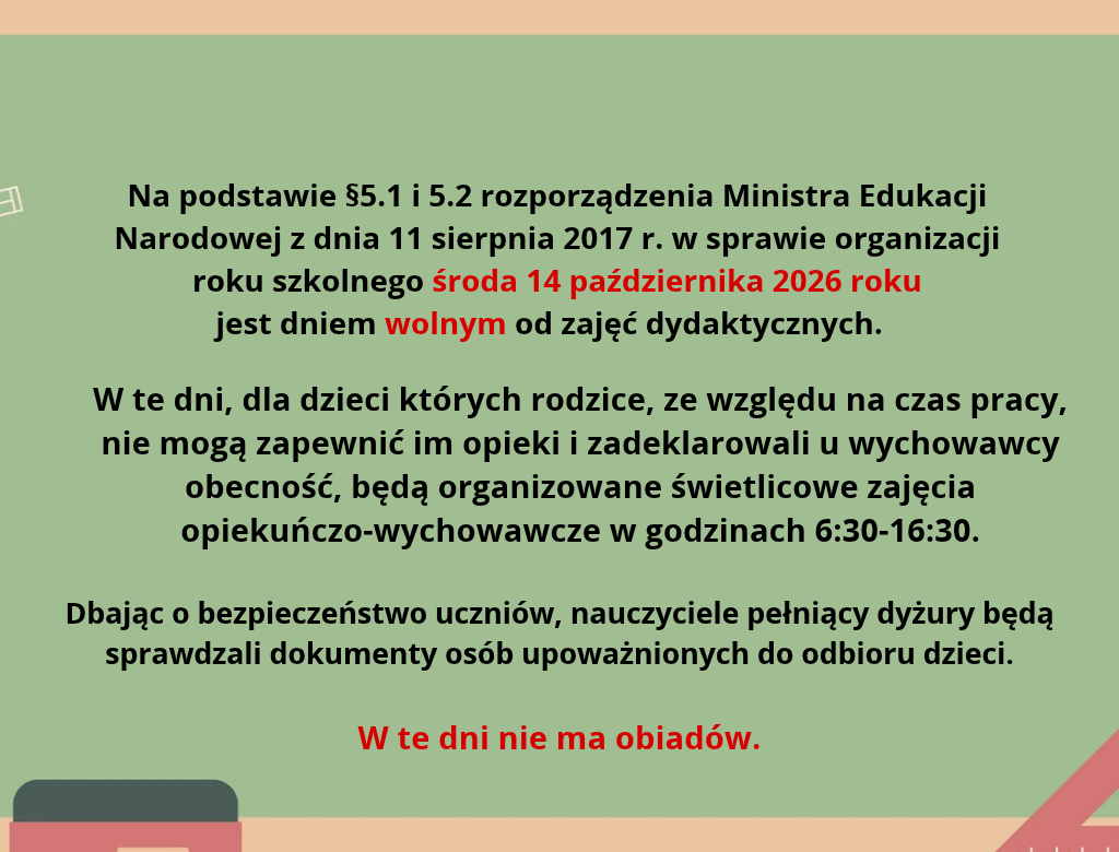 Na zielonym tle, informacje o tym, iż 14 października jest dniem dolnym od zajęć dydaktycznych.