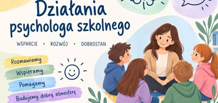Kolorowy obrazek z hasłem "Działania psychologa szkolnego".
