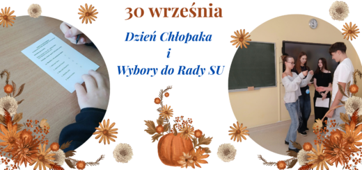 Na białym tle znajdują się dwa owalne zdjęcia: po lewej- zbliżenie na ławkę szkolną oraz ręce ucznia, pomiędzy którymi znajduje się karta do głosowania w wyborach Rady SU, a po prawej- trzy przedstawicielki SU, z których jedna wręcza koledze medal „Najsymatyczniejszego Chłopaka w klasie”. Zdjęcia ozdobione są jesiennymi symbolami, np. suszonymi kwiatkami, dynią. W centrum obrazka znajduje się jasny, brązowy napis: 30 wrzesnia, a poniżej granatowy napis: Dzień Chłopaka i Wybory do Rady SU.